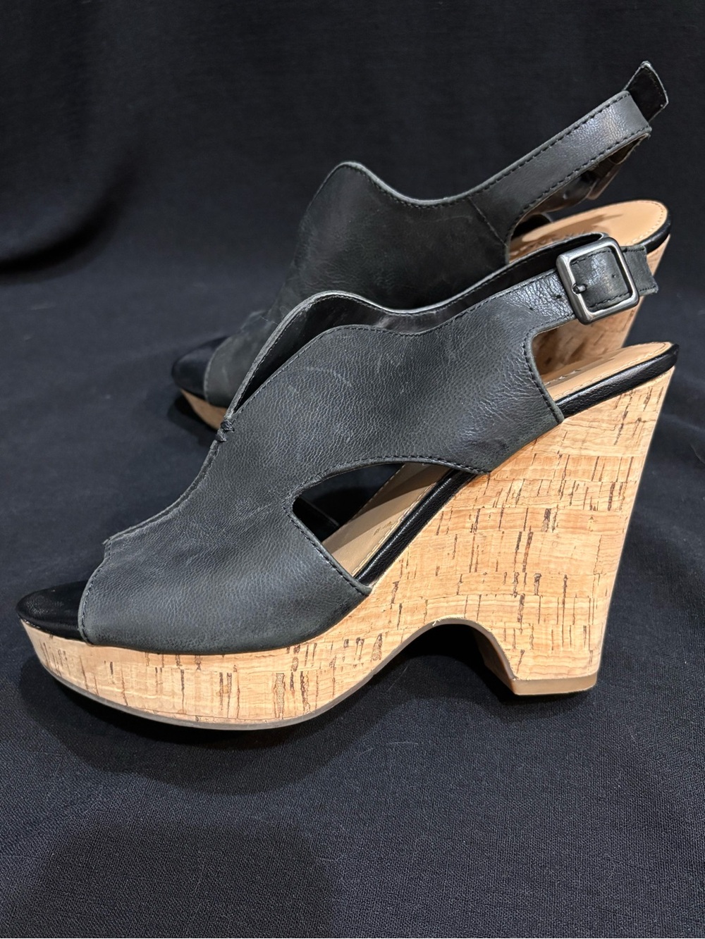 Franco Sarto Black Leather Wedge Sandals Peep Toe Cork Platform Heel Size 7 - Picture 11 of 11
